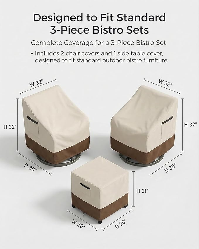 Patio Furniture Covers Set for 3-Piece Bistro Sets, Heavy-Duty 600D Waterproof Outdoor Furniture Covers for 2 Chairs&Side Table,UV Resistant, All-Season Protection for Patio,Porch Backyard,Beige&Brown