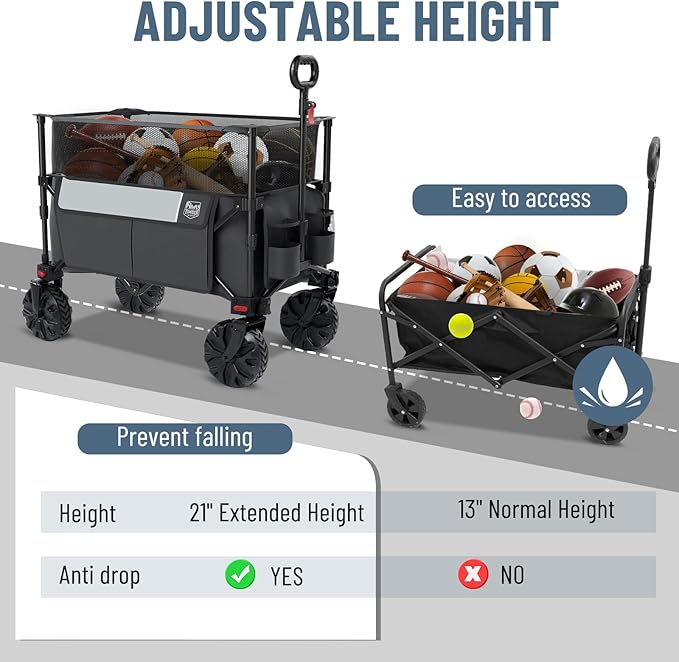 Timber Ridge Foldable Wagon 350L Extendable Height, Large Capasity Collapsible Wagon Cart with All Terrians Detachable Wheels, Compact Folding Utility Wagon for Camping, Fishing, Shopping Grey