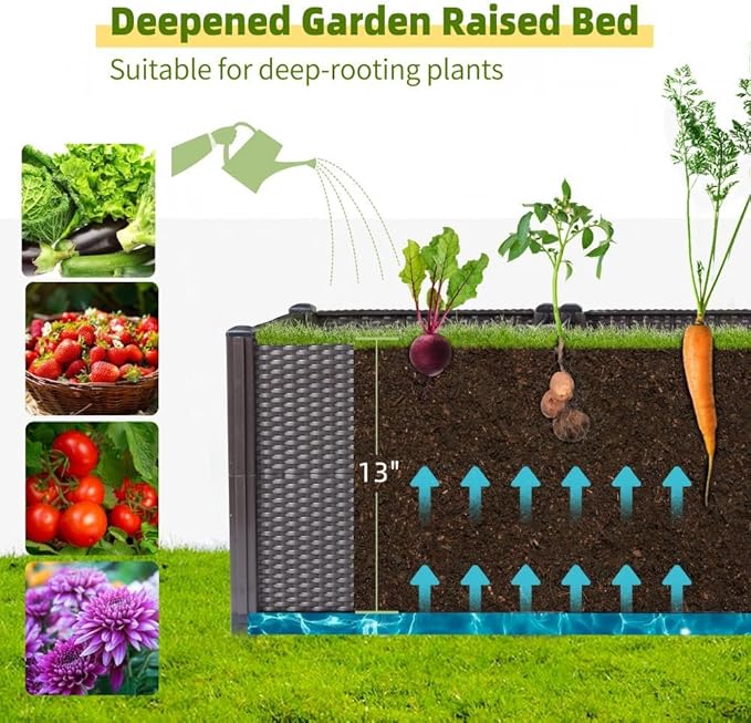 Emalie Deep Raised Garden Beds Large Plastic Planter Box with Drainage Plugs for Veggies Flowers Herbs Deep Root Plants Growing, 63.0" Lx15.7 Wx16.9 H Brown