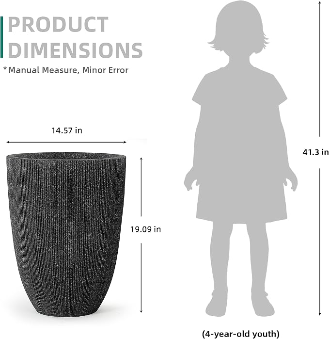 2 Pack 19" Tall Black Fluted Concrete-Look Resin Planters, Large Round UV-Resistant Flower Pots for Indoor Outdoor Plants, Decorative Ribbed Planters for Garden Patio Porch Home Office