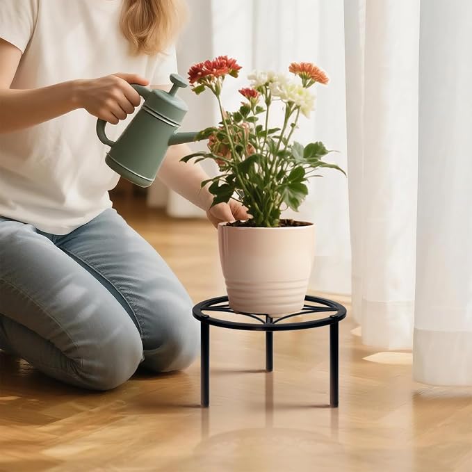 TOSKING Heavy Duty Metal Plant Stand - 9" Round Geometric Pattern, Adjustable Non-Slip Leveling Feet, Rustproof, Decorative Display Shelf for Small to Medium Plants, Indoor/Outdoor, Black (9"Dia x 6.3"H)
