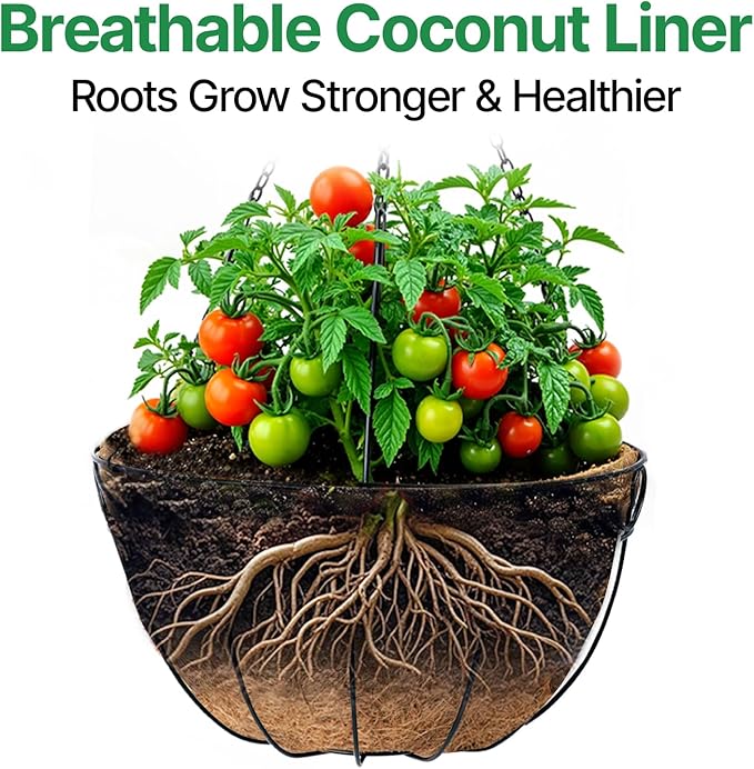 Amagabeli 4 Pack 14 Inch Metal Hanging Baskets Planter Outdoor Round Wire Hanging Basket for Plants with Coco Fiber Liners Chain Plant Holder for Garden Patio Deck Porch Plants Vegetables Flower Pots