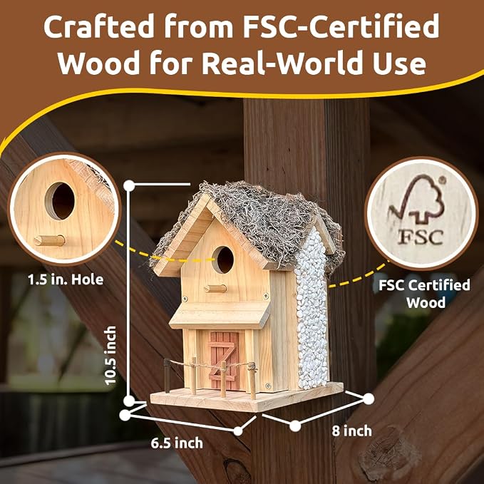 SparkJump Cottage Birdhouse Kit - Easy DIY Wooden Bird House for Outdoors, FSC Certified Wood, Cedar Roof, Natural Stones, Front Porch, Moss Accents, Fun Craft Project for Families and Nature Lovers