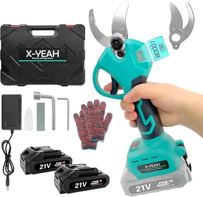 Electric Pruning Shears Set - Cordless Garden Shears with 21V Brushless Motor, 2 * 2000mAh Batteries and Charger Kit