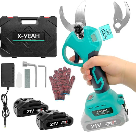 Electric Pruning Shears Set - Cordless Garden Shears with 21V Brushless Motor, 2 * 2000mAh Batteries and Charger Kit