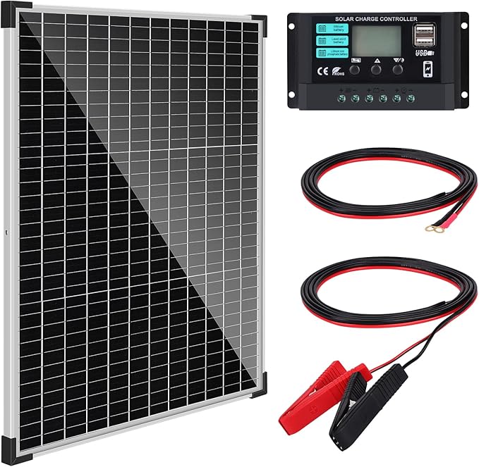 Solar Panel Kit 50W with 10A Charge Controller Monocrystalline Solar Panel Kit with Extension Cable for Car Roof RV Marine Rooftop Farm Battery and Other Off-Grid Applications