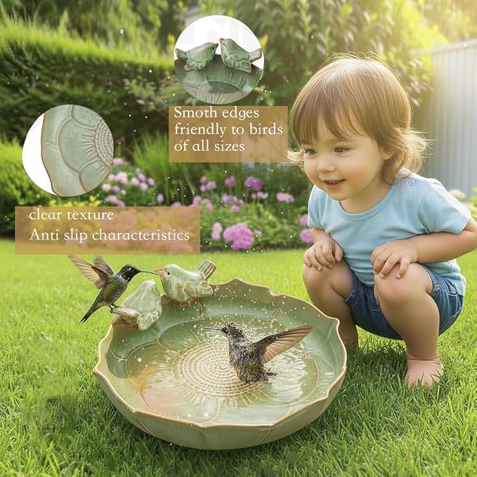 Ceramic Bird Bath for Outside on Ground，Heavy Duty Bird Feeders,Birdbath for Outdoors, Green Bird Baths Bowl for Garden,Table Deck, Balcony, Lawn (Bowl Only)