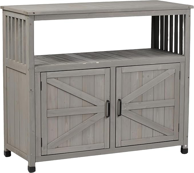 YOPTO Outdoor Wood Storage Cabinet,Garden Patio Bar Table Set with 2 Handles,Buffet Cabinet Sideboard Furniture for Lawn,Grey