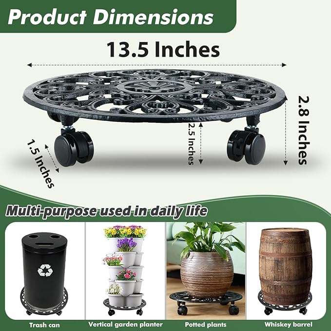 14 Inch Rolling Plant Stand with Wheels Metal Plant Caddy with Wheels Heavy Duty Round Plant Stand Indoor Iron Plants Rollers for Plants, Plant Dolly Planter on Wheels 1 Pack