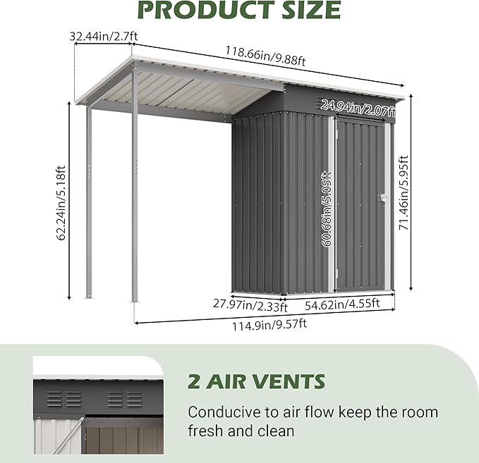 KEIKI Storage Shed 5x3 FT, Small Metal Tool Shed with Gazebo for Outdoor Storage, Galvanized Steel Garden Shed with Lockable Doors for Patio, Backyard, Lawn, Grey