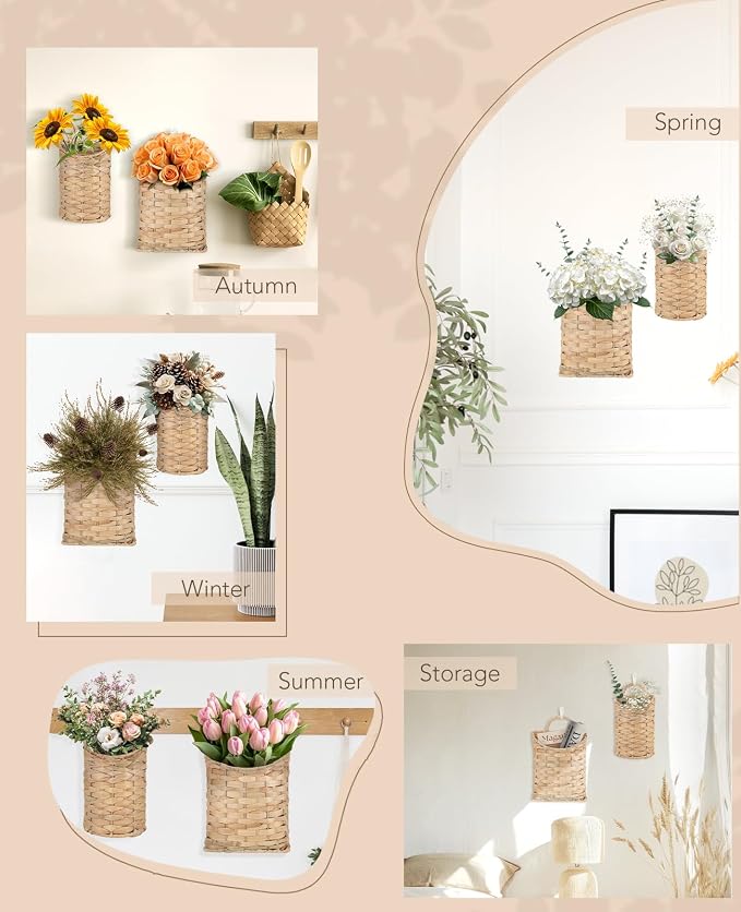 AceList Woven Hanging Basket for Front Door Set of 2, Built-in Iron Frame Handmade Water Hyacinth Wall Mounted Organizer, Natural Wicker Storage for Mail Flowers, Boho Farmhouse Decor for Home