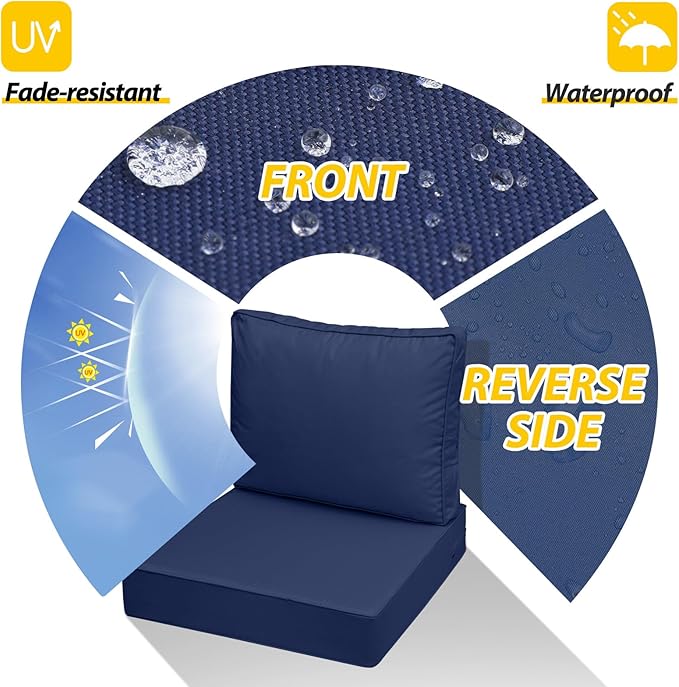 AAAAAcessories Outdoor Deep Seat Cushions with Double Welted Pillow, Waterproof, Fade-Resistant Patio Furniture Replacement Cushions, 23.5" x 25.5" x 5" + 23.5" x 19", Navy Blue