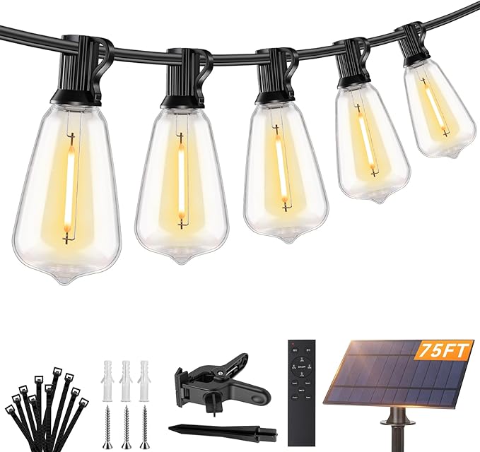 Brightever 75FT Solar String Lights Outdoor Waterproof with Remote, 34+1 Shatterproof ST38 LED Bulbs, 3 Lighting Modes & Warm White, Dimmable Outdoor Solar Lights for Backyard, Bistro, Deck