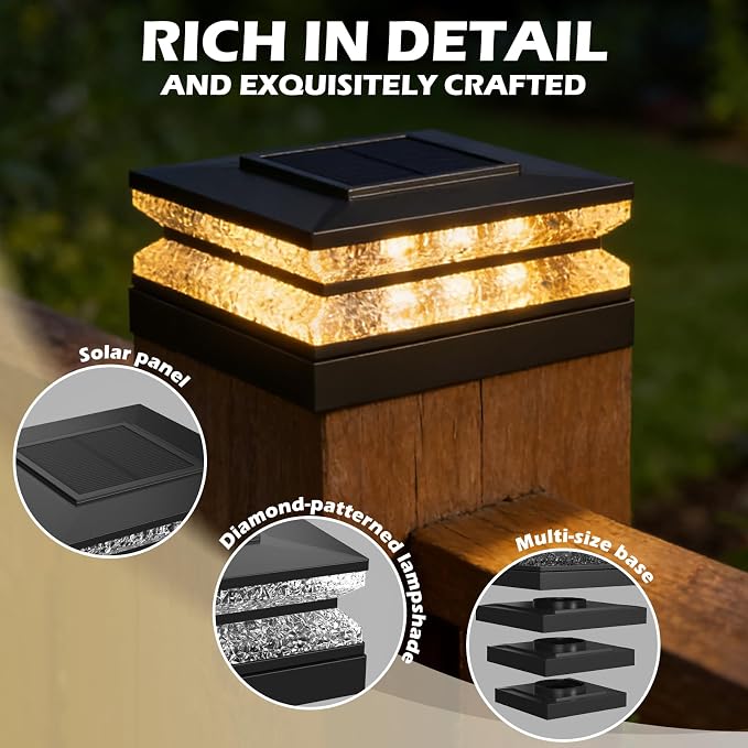 Solar Post Cap Lights, 6 Pack Deck Fence Cap Light for 4x4 5x5 Wood/Vinyl Posts, 3 Color Modes, LED Deck Post Lights Solar Powered Waterproof, for Patio Porch Garden Decoration, Black