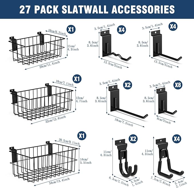 3-H Slatwall Accessories 24 Pack and Slatwall Baskets 3 Pack, Slatwall Wave Hooks & Hangers Multi Sizes for Use in Garage, Workshop, Store, and Studio for Organization and Display