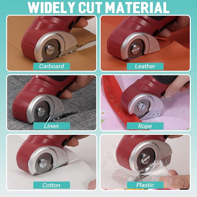 VLOXO 4V Cordless Electric Scissors – Rechargeable Rotary Cutter with Safety Lock for Home Crafting, Warehouse Packaging & DIY Projects, Cuts Cardboard Leather Fabric (Red)