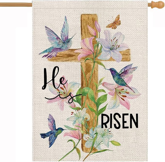 Easter Garden Flag Religious Cross Christian He is Risen Flower 28 x 40 Inch Burlap Double Sided Vertical Holiday Seasonal Spring Farmhouse Yard Outdoor Decorations