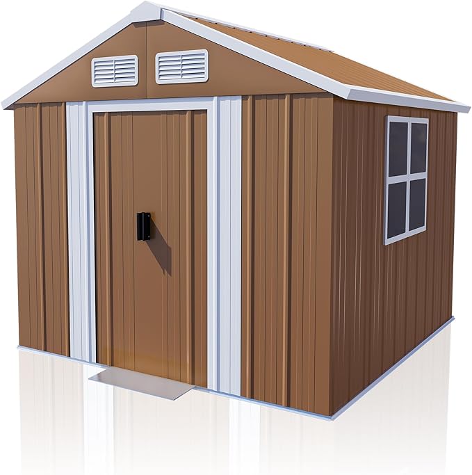 YOPTO 6X4 FT Heavy-Duty Metal Storage Shed with Windows,Waterproof Sheds & Outdoor Storage w/Rolling Door Lockable Door & Ventilation,Tool Organization,Sloped Roof,4-Season Ready,Brown