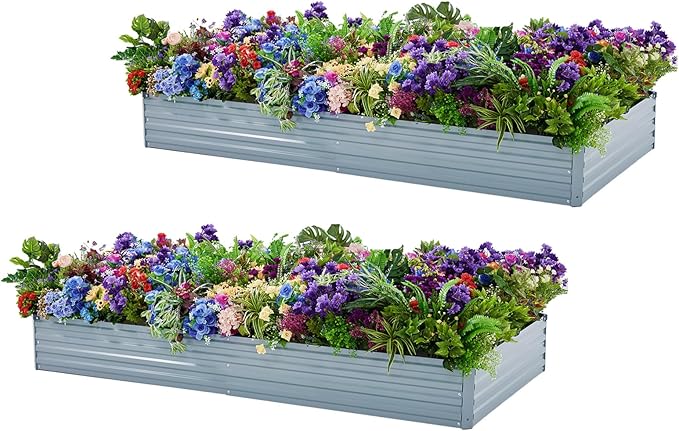 Meberam 2 Pack 8x4x1FT Galvanized Raised Garden Bed Kit, Outdoor Metal Planter Box for Vegetables, Bottomless Rectangular Gardening Bed with Support Rods, Tool-Free Assembly, Gray
