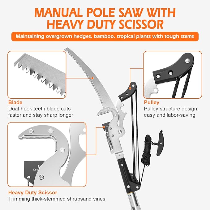 Grefinity Manual Pole Saw, 27 Ft Tree Trimmer, Extendable Pole Saws for Tree Trimming, Sharp Blade and Heavy Duty Scissors, for Backyard and Garden Pruning Palms & Shrubs, Orange
