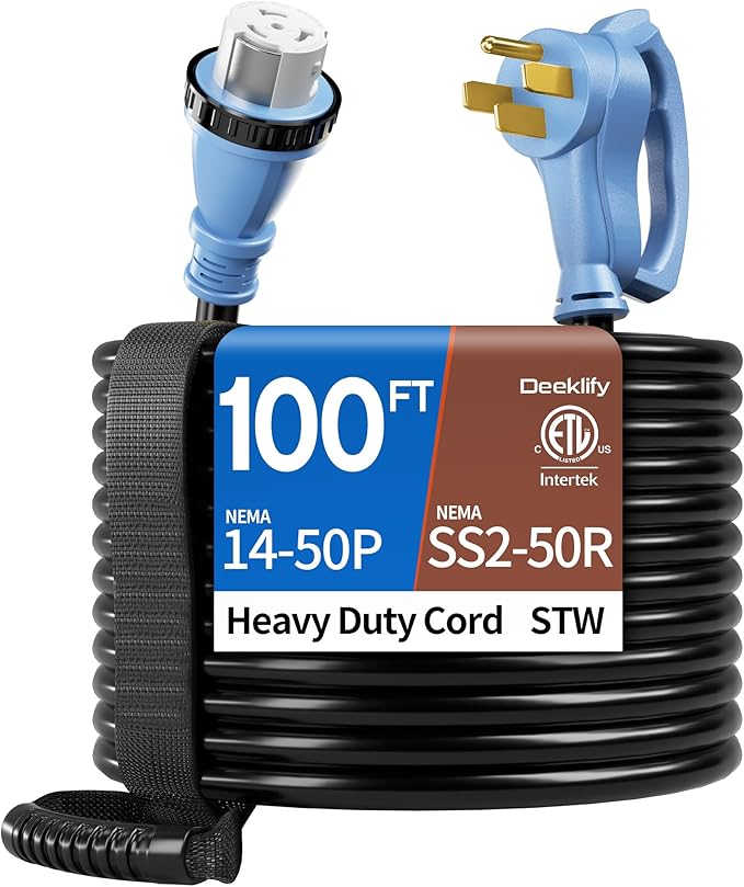 100FT 40 Amp Generator Cord, NEMA 14-50P/SS2-50R Heavy-Duty 4 Conductors Cable, Pure Copper STW RV Extension Cord, Female Plug with Twist Lock, Suitable for RV or Camper, ETL Listed