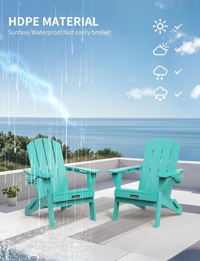 Folding Adirondack Chair Set of 6, Wooden Textured Plastic Adirondack Chairs with 2 Cup Holder, Weather Resistant HDPE Fire Pit Chair, Outdoor Patio Chairs for Garden, Backyard, Lawn, Deck, Lake Blue