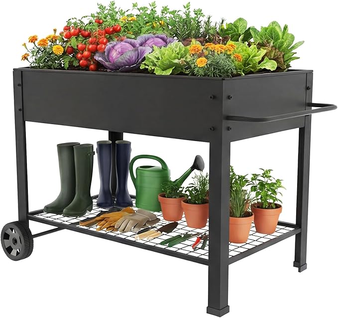 aboxoo 49" L*25" W*31" H Planter Raised Beds with Legs,Outdoor Metal Planter Box on Wheels,Elevated Garden Bed for Vegetables Flower Herb Patio