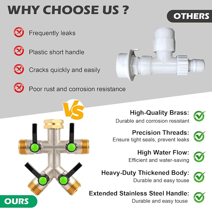 Love Is War 4 Way Hose Splitter, High-Flow Heavy Brass Garden Hose Splitter,4 Way Faucet Hose Splitter, 3/4", Hose Spigot Adapter With 4 Valves