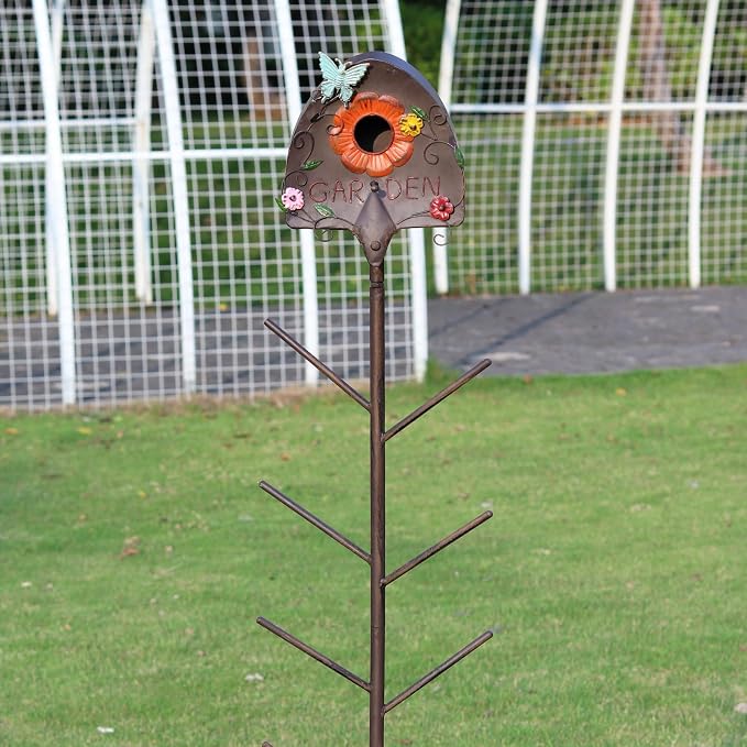 57" HMetal Bird House and Wine Bottle Tree, 2 in 1, Lawn Ornaments for Outside,As Garden Yard Decoration for Exterior Party Landscape Decoration