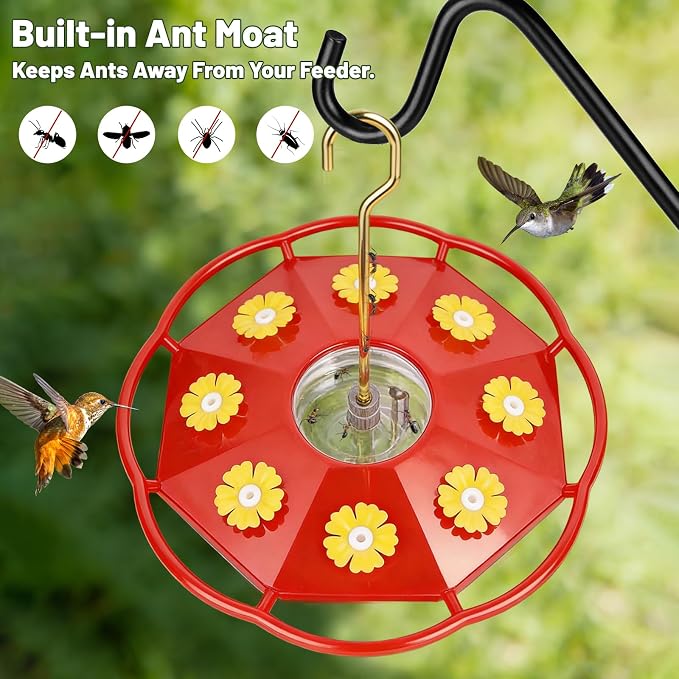 BOLITE Hummingbird Feeders for Outdoors Hanging, 11 OZ 8 Bee Proof Feeding Ports Flat Bird Feeder, Easy to Clean & Fill, Built-in Ant Moat, Leak Proof with Cleaning Brush, Red, Gift for Bird Lovers