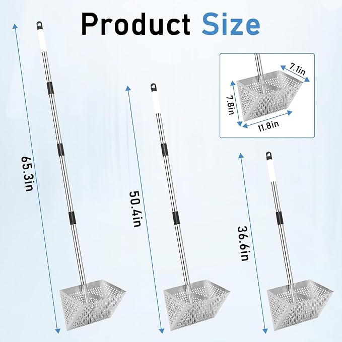 Sand Flea Rake, Long Handle Sand Sifter with 65-Inch Pole - Stainless Steel Shark Tooth Sifter, 13-Inch Wide Mesh Screen for Beach, Seaside Collecting of Fleas, Shark Teeth & Seashells
