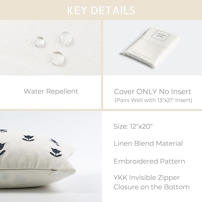 Crumbs Home Coastal Linen Indoor Outdoor Lumbar Pillow Cover Only, 12"x20" Water Repellent for Patio, Backyard, Couch, Neutral Dark Navy Floral