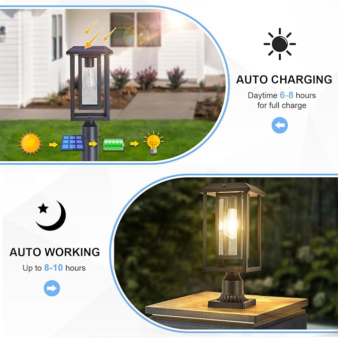 Solar Lamp Post Lights for Outdoor with Pier Mount Base, Waterproof Pole Lights Head with Dusk to Dawn Sensor, Exterior Solar Powered Pillar Lights Fixture for Yard, Garden, Pathway, Black