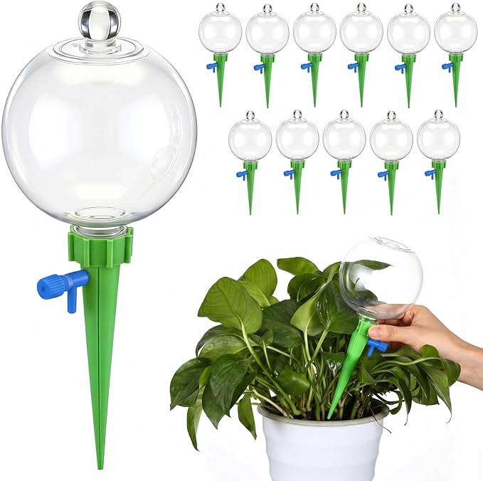 12 Pcs 17oz Plant Self Watering Globes for Indoor Outdoor Adjustable Plants Plastic Water Bulbs Top to Fill Plant Self Watering Planter Insert Water Devices System Spikes Stakes (Green)