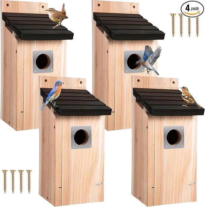 Dreyoo 4 Pack Bluebird Box Houses for Outside,1-1/2'' Entrance Hole Wooden Bird Houses with Metal Guard, Secure Latch,Fledgling Grooves,Air Vents for Bluebird Wren Swallow (Black Roof,Wood Body)