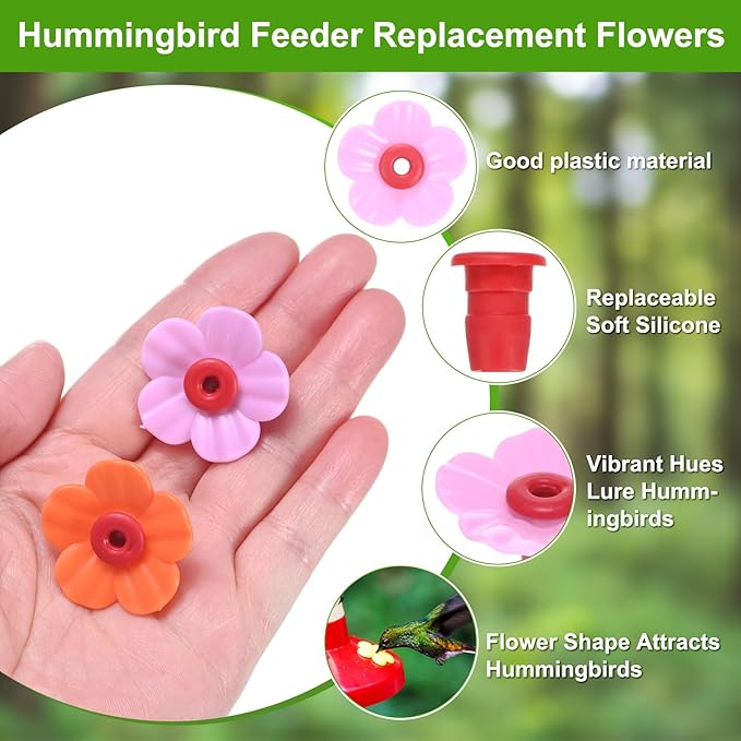 M METERXITY 32-Pack Hummingbird Feeder Replacement Flowers, Plastic Pet Hummingbird Feeding Parts Feeding Ports for Outdoor Hanging Feeders, Bees Guards [Rose Pink, Orange]