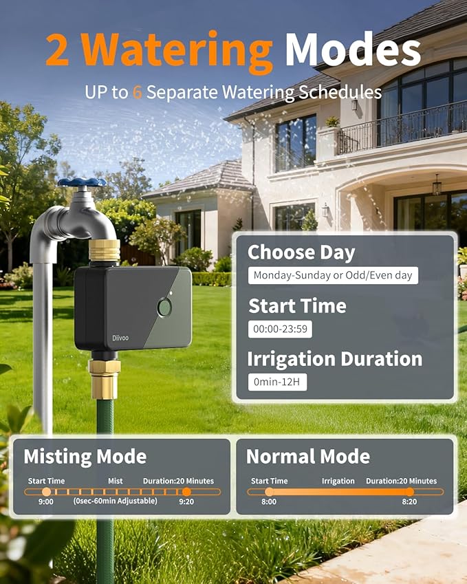 Diivoo Brass WiFi Water Timer, Smart Hose Sprinkler Timer Compatible with Alexa/Google Assistant, 6 Irrigation Plans, Rain Delay & Mist Mode for Garden Lawns (2.4GHz Only)