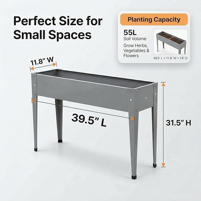 Gardzen Elevated Garden Bed Outdoor, Metal Herb Planter Box with Legs, Galvanized Steel Raised Planter, Drainage Hole, Easy Assembly Standing Planter for Patio Balcony Backyard, 40x12x31 in