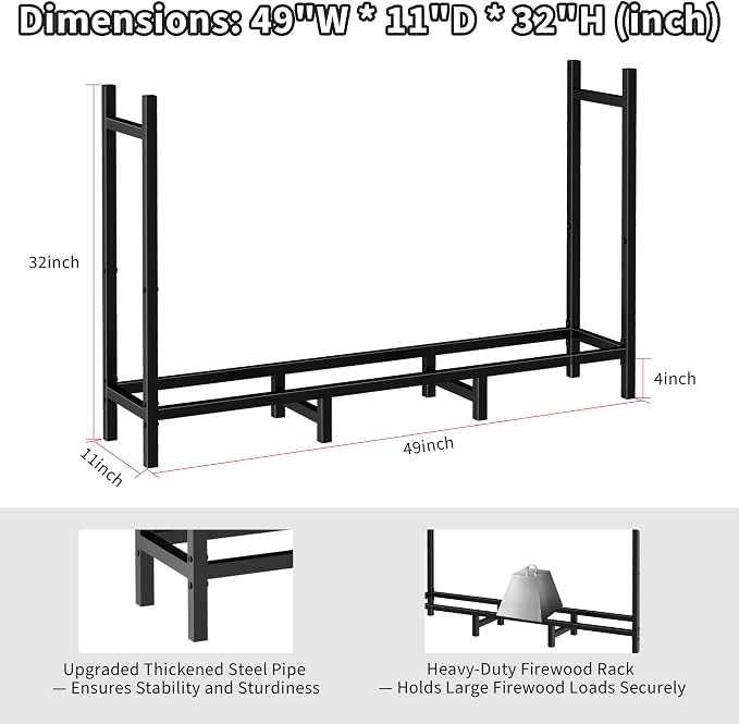 DIAMONDFORGE 4ft Firewood Rack Outdoor, Heavy Duty Fire Wood Stand, Metal Firewood Rack Indoor, Firewood Holder Storage, Log Wood Pile Racks Stand for Patio, Garden, Backyard, Matte Black