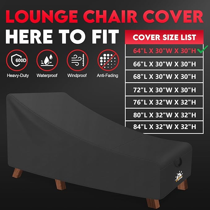 Zettum Outdoor Lounge Chair Cover 2 Pack - Waterproof Patio Chaise Lounge Chair Cover, 600D Fade-Resistant Outdoor Seating Covers For Pool Lounge Chair, Lawn Bench Furniture 64 x 30 x 30 Inch