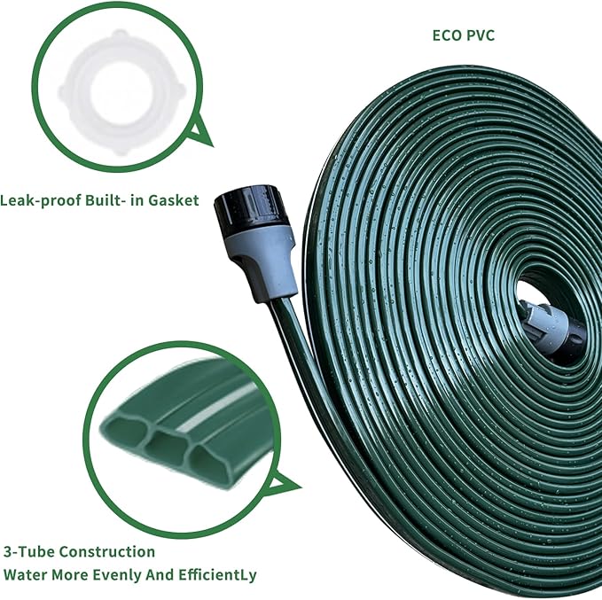Watoo 2026 Sprinkler Hose & Soaker Hose for Yard - 50 FT Reinforced Flat Garden Hose with Holes, Heavy Duty No-Kink Lawn Irrigation Hose (Includes Stakes, High Pressure Spray)