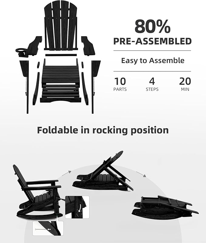 Folding Adirondack Rocking Chair Set of 4,4-in-1 Multifunctional Patio Chairs with Retractable Ottoman, Outdoor Chairs Wood Texture, Lawn Chair for Porch, Backyard, Pool(Black)