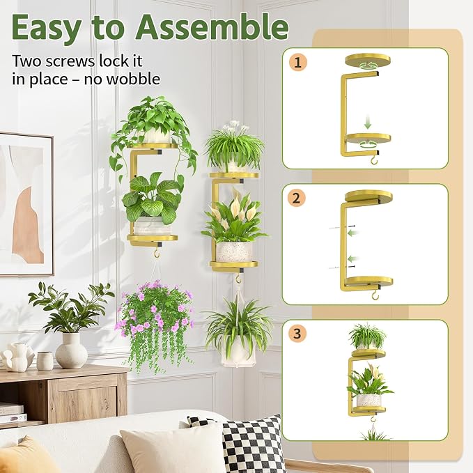 LASZOLA Plant Hangers Holder Wall Mounted Indoor, Metal 2 Tier Window Hanging Plant Shelves, 2Pcs Modern Floating Flower Display Stand with 2 Hooks for Outdoor Kitchen Bathroom Decor, Warm Gold