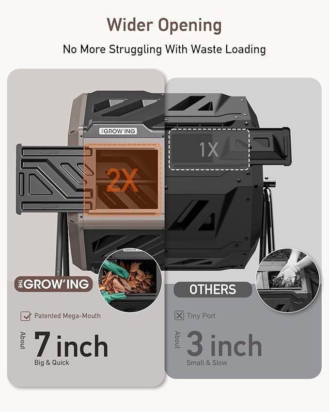 THEGROW'ING 43 Gallon Dual Chamber Compost Bin with Built-in Nuts, Outdoor Rotating Composter Tumbler for Garden Backyard, Brown