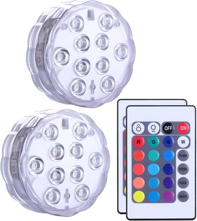 Qoolife Submersible LED Lights Remote Control, RGB Multi Color Changing Waterproof Light for Pool, Vase Base, Spa, Aquarium, Pond, Hot Tub, Decoration, Party, 2-Pack