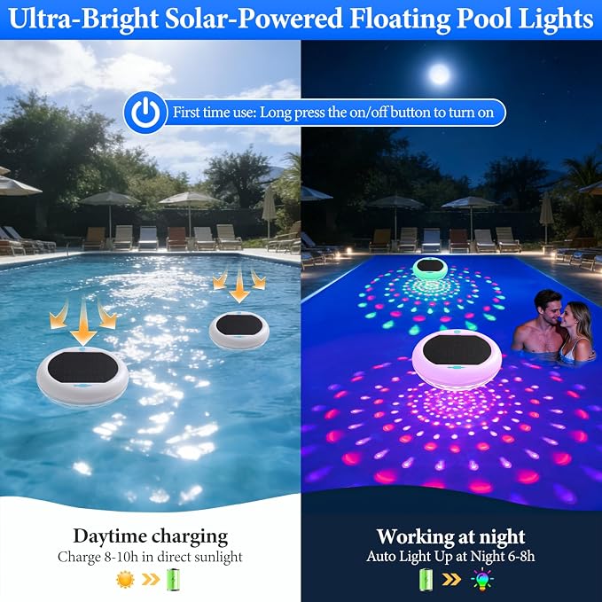 Floating Pool Lights Solar Powered, 6.7 Inch 13 RGB Upper & Lower Color Changing Solar Pool Lights that Float, 2600mAh Rechargeable IP68 Waterproof Pool Lights with Remote for Hot Tub Party 4 PCS