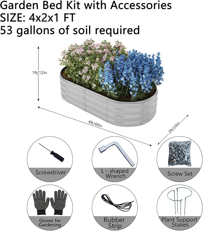ZFHgarden Galvanized Planter Outdoor Galvanized Metal Planter Round Raised Garden Bed Kit for Gardening Outdoor 1CP Gray 4X2X1FT