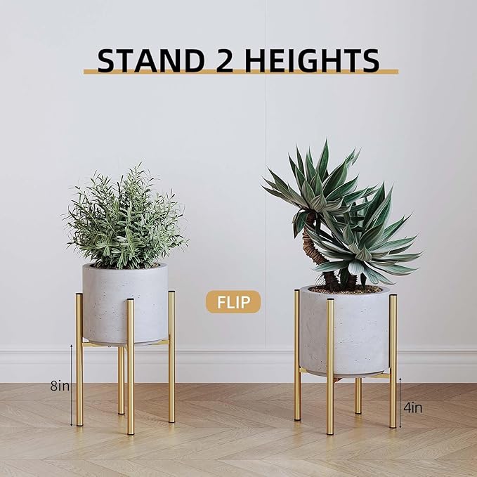 Adjustable Metal Plant Stand Indoor, Fits 8-14 Inch Pots, Mid Century Modern Gold Planter Holder,2 Heights, Heavy Duty 160 lb, Indoor Outdoor Corner Floor Pot Stand, Golden