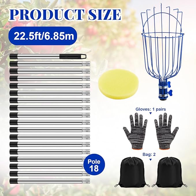 Colingmill 22.5ft Fruit Picker Pole with Basket, Telescoping Fruit Picking Tool with Soft Cushion, Extendable Harvester for High Trees, No Ladder Needed for Apple, Cherry, Orange, Citrus, Peach