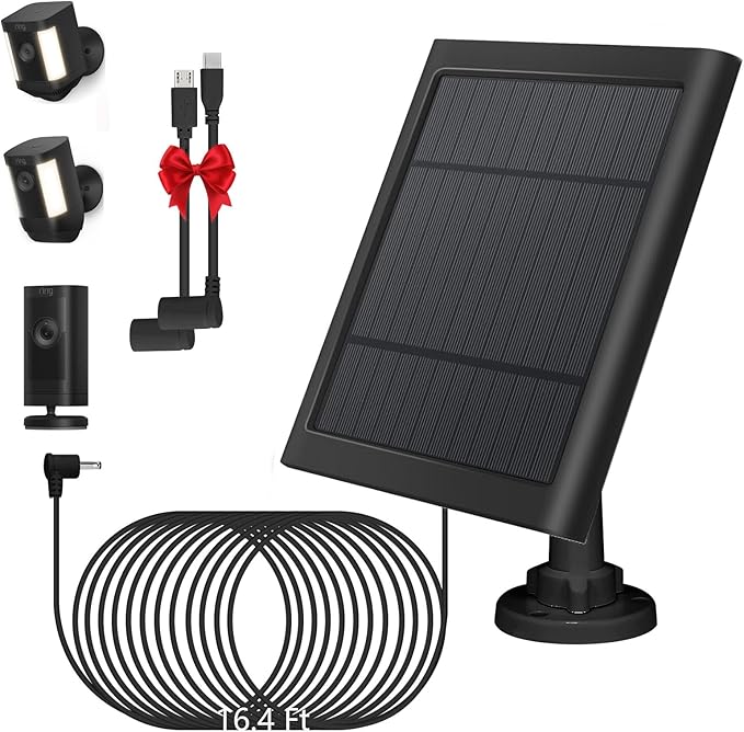 Solar Panel for Camera 5W Solar Charger Compatible with Ring Spotlight &Stick Up Outdoor Cam Battery, 16.4ft Long Cable with Barrel Plug Adapter to USB-C/Micro USB (Black, 1 Pack)
